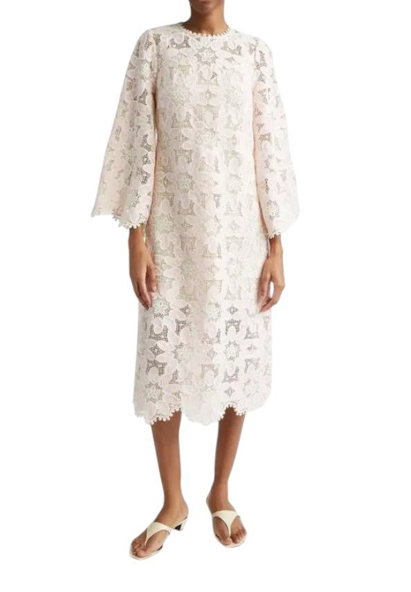 Zimmermann Ottie Lace Midi Dress |Pink/White/Cream, Overlay, Cotton, Long Sleeve