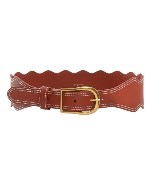 Zimmermann Wave Leather Waist Belt |Brandy Tan/Brown, Gold Buckle, Topstitching