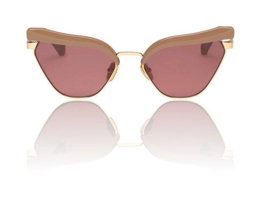 Karen Walker Fantasia Sunglasses | Taupe/Gold, Pink Lens, Cat Eye, Metal/Acetate