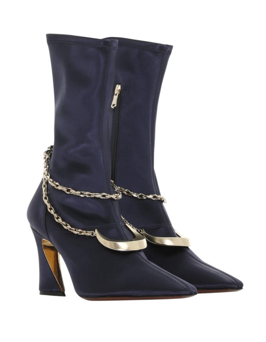 Zimmermann Crescent Stretch Boot Short | Navy, Sock, Ankle, Satin, Gold Hardware