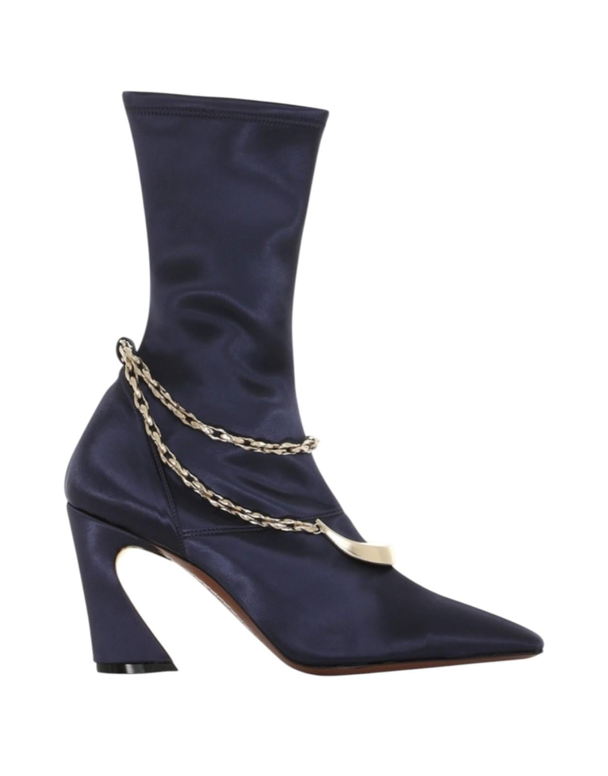 Zimmermann Crescent Stretch Boot Short | Navy, Sock, Ankle, Satin, Gold Hardware