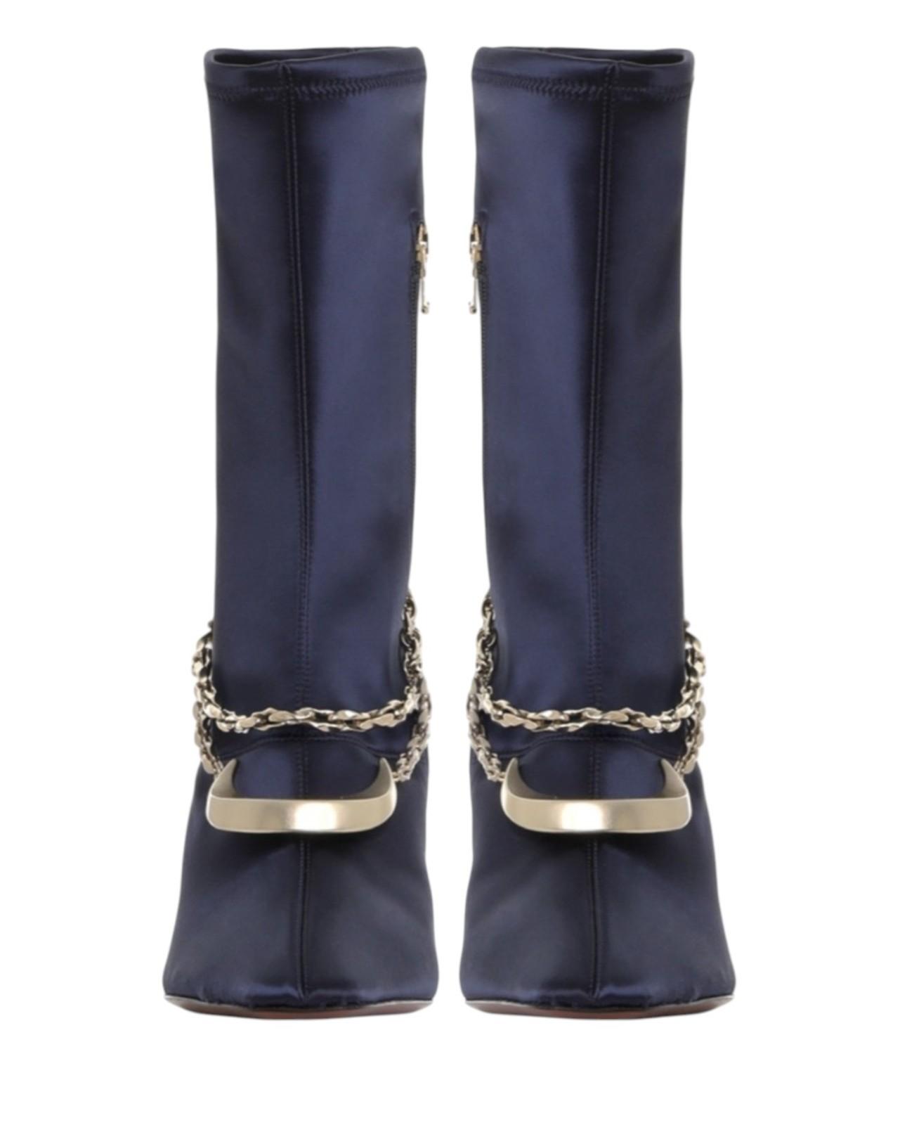 Zimmermann Crescent Stretch Boot Short | Navy, Sock, Ankle, Satin, Gold Hardware