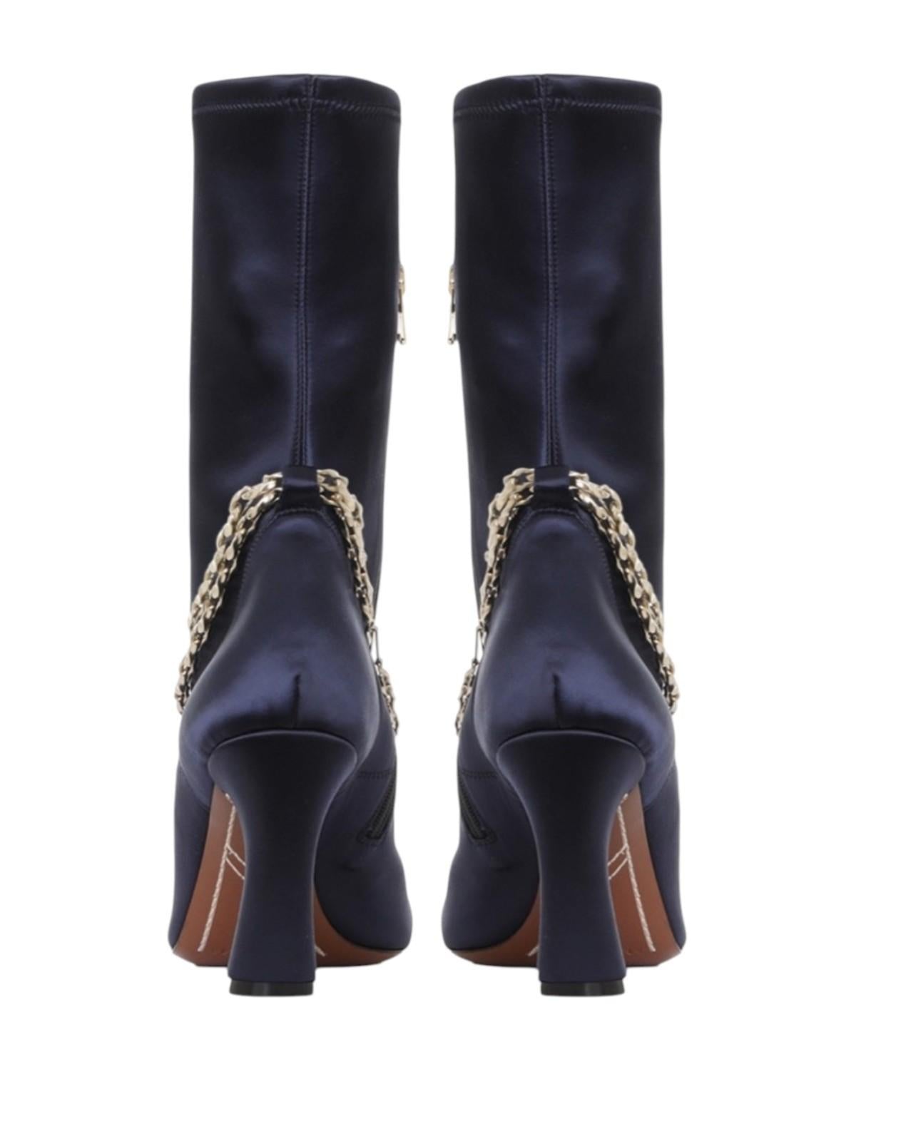 Zimmermann Crescent Stretch Boot Short | Navy, Sock, Ankle, Satin, Gold Hardware