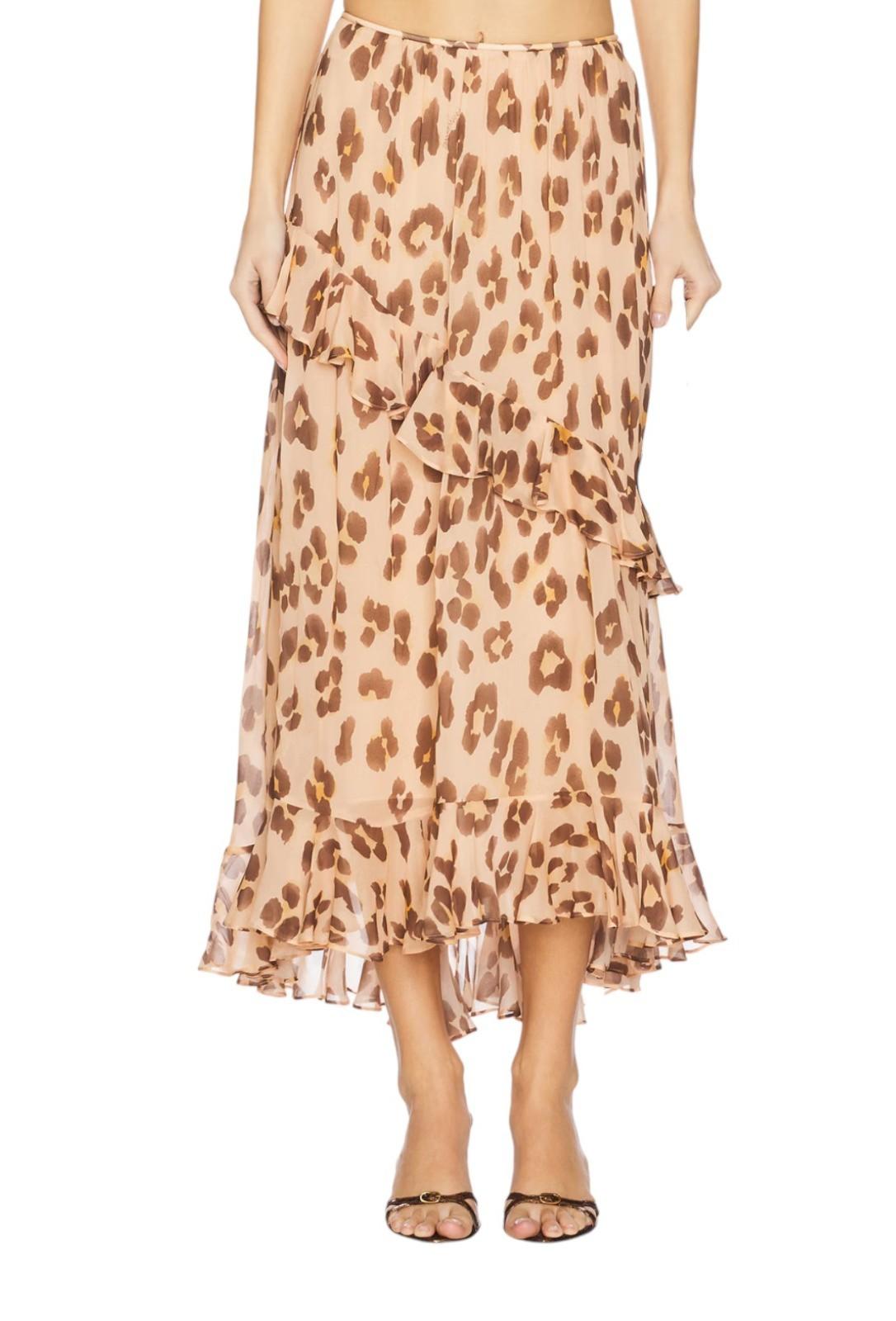 Zimmermann Iluminate Asymmetric Skirt | Peach Leopard Print, Midi, Ruffles
