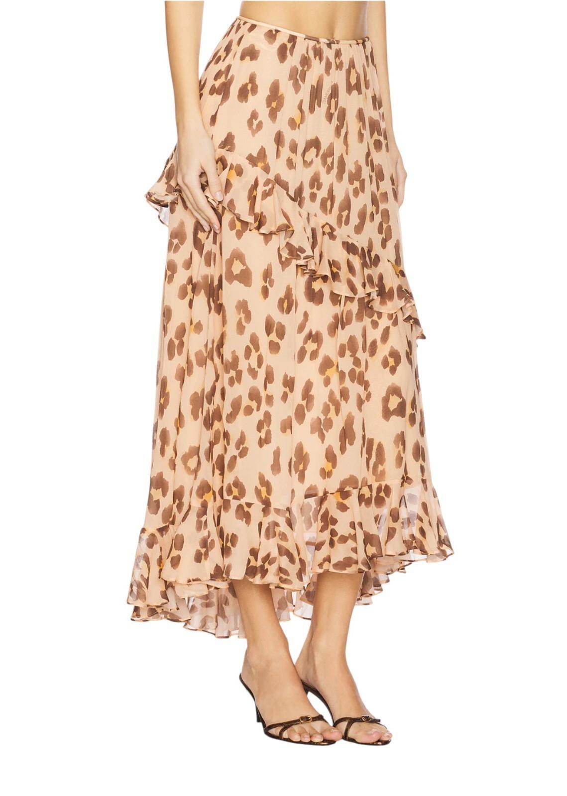 Zimmermann Iluminate Asymmetric Skirt | Peach Leopard Print, Midi, Ruffles