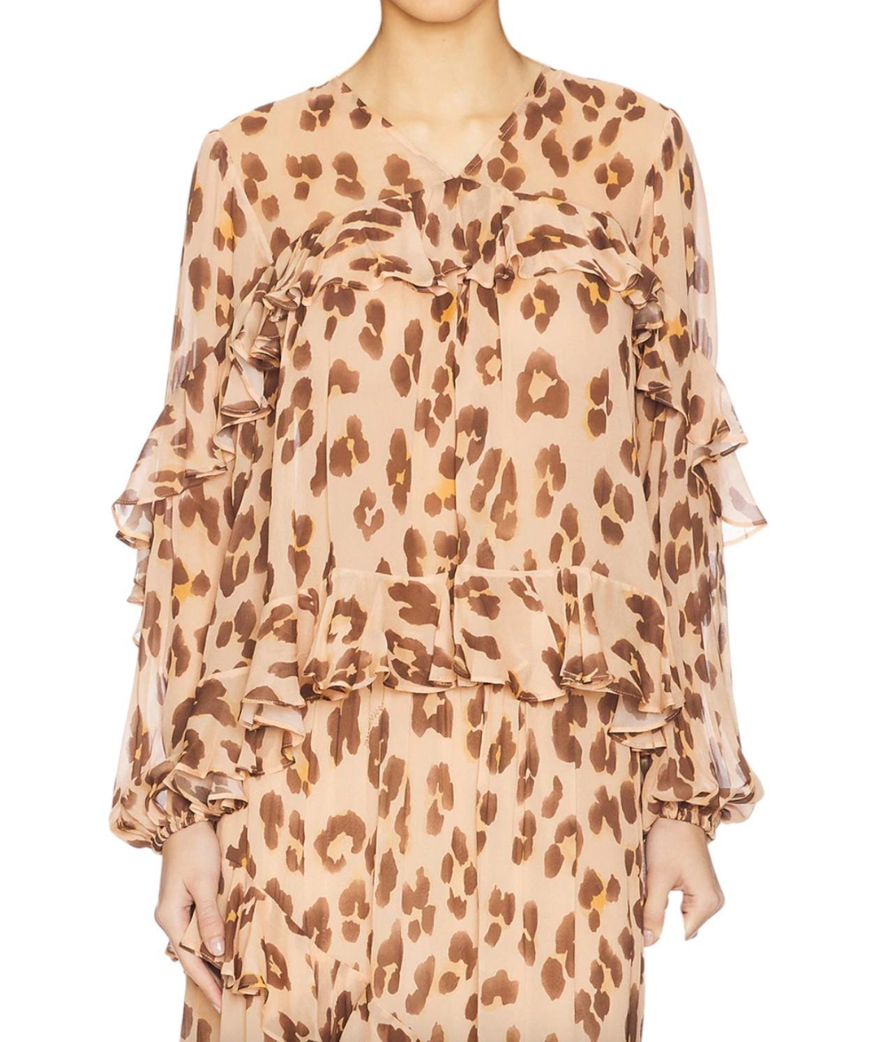 Zimmermann Illuminate Flutter Top | Peach Leopard Print Blouse, Chiffon, Ruffles