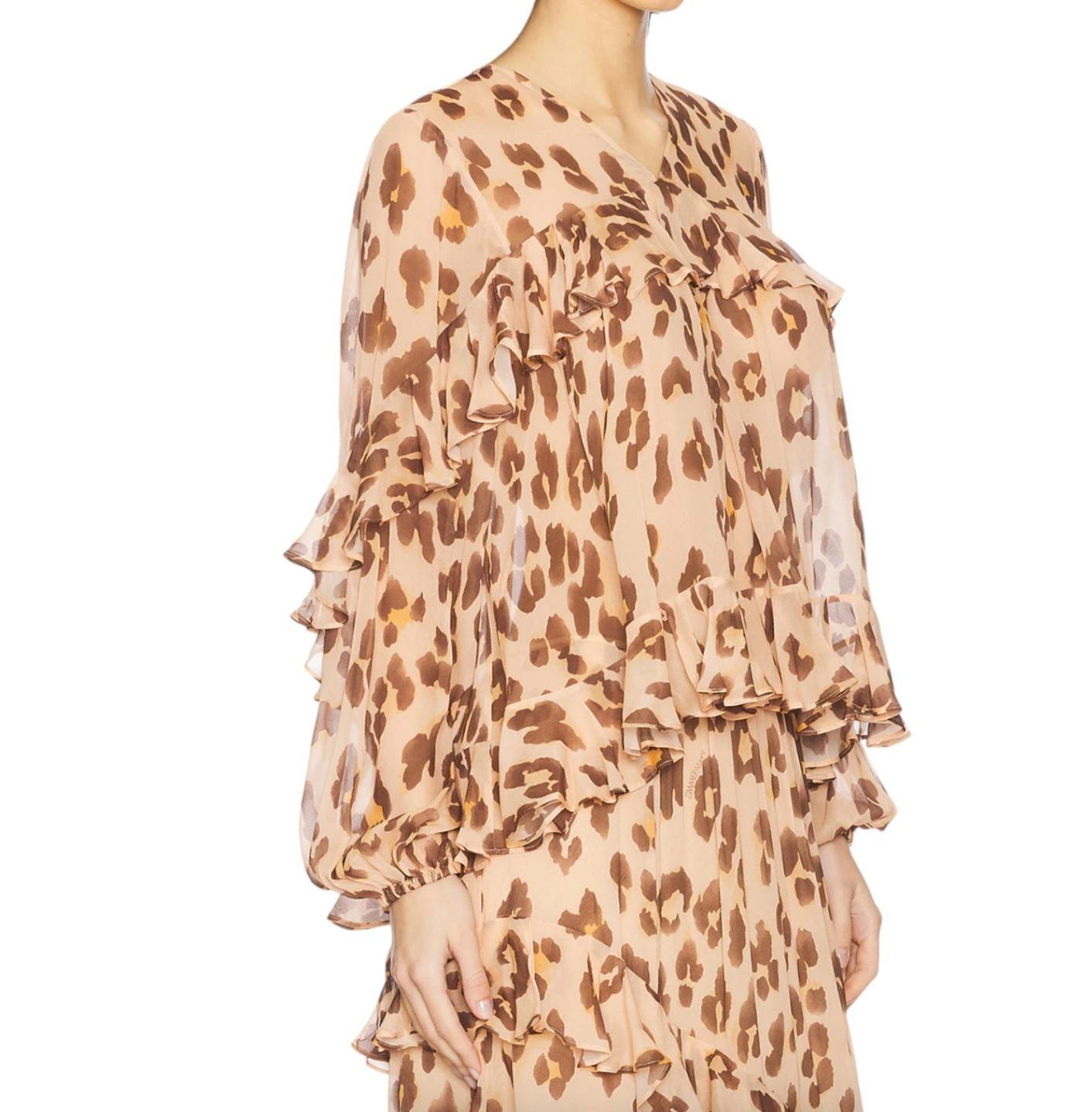 Zimmermann Illuminate Flutter Top | Peach Leopard Print Blouse, Chiffon, Ruffles