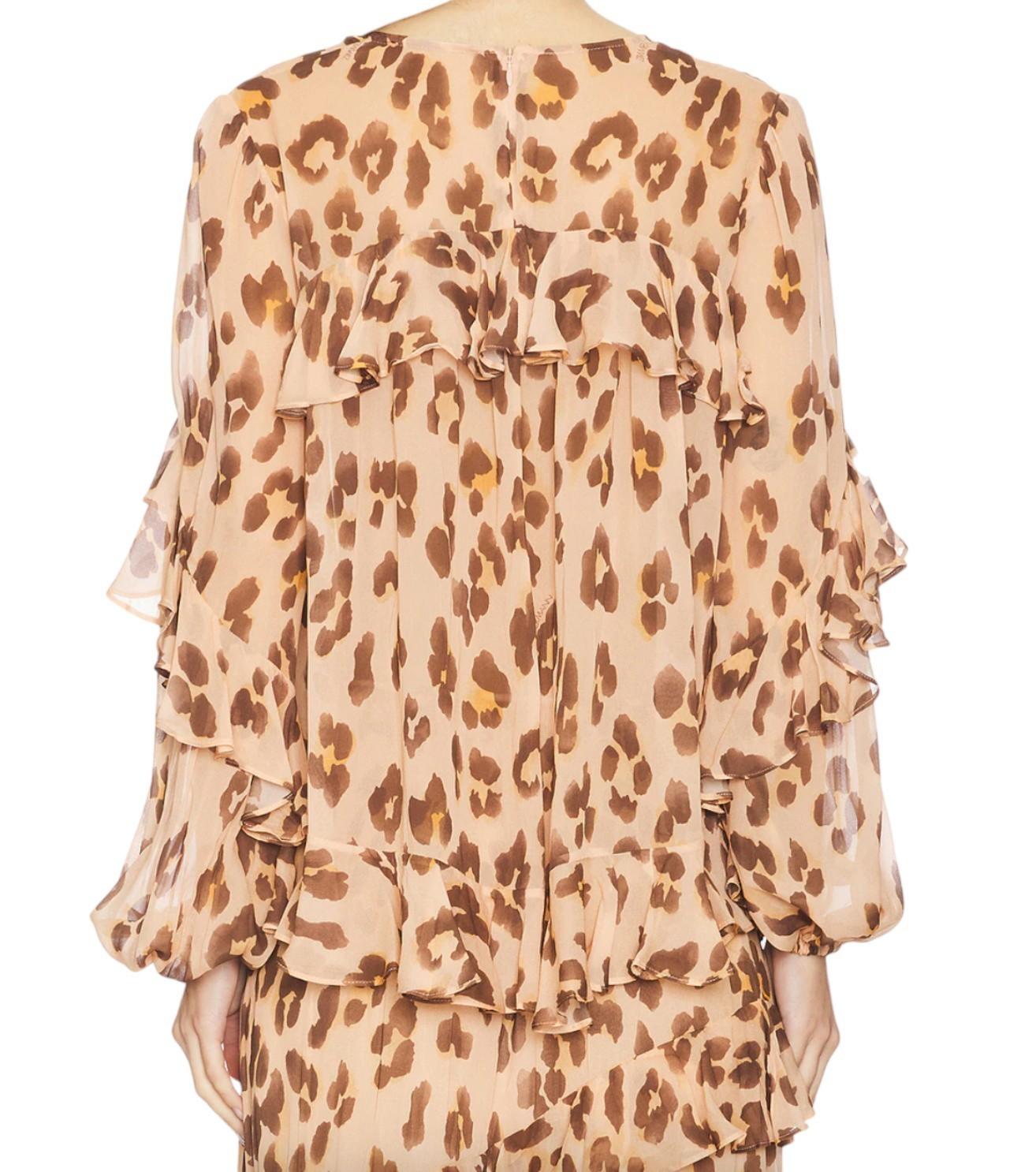 Zimmermann Illuminate Flutter Top | Peach Leopard Print Blouse, Chiffon, Ruffles