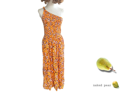 FAITHFUL THE BRAND Khalani Midi Dress |Orange/Brown Floral, Sz 14, One Shoulder