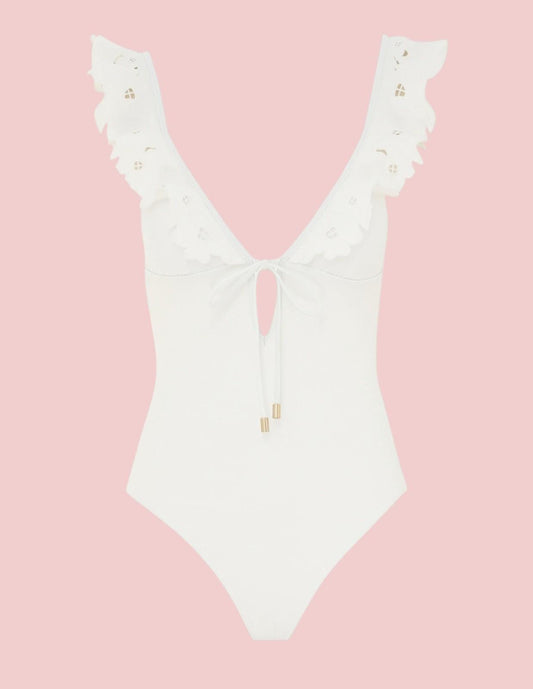 Zimmermann Golden Embroidery One Piece | White, Shoulder Frills, Removable Pads