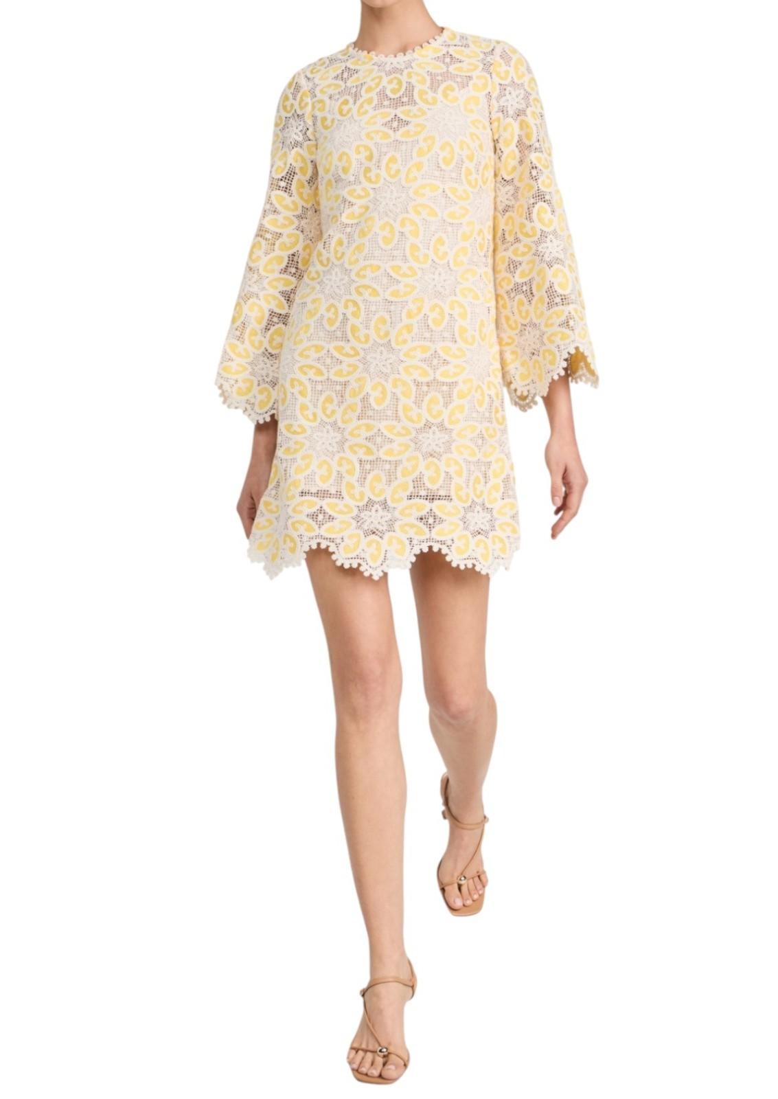 Zimmermann Golden Lace Mini Dress |Yellow/White/Cream,  Long Flare Sleeve, Slip