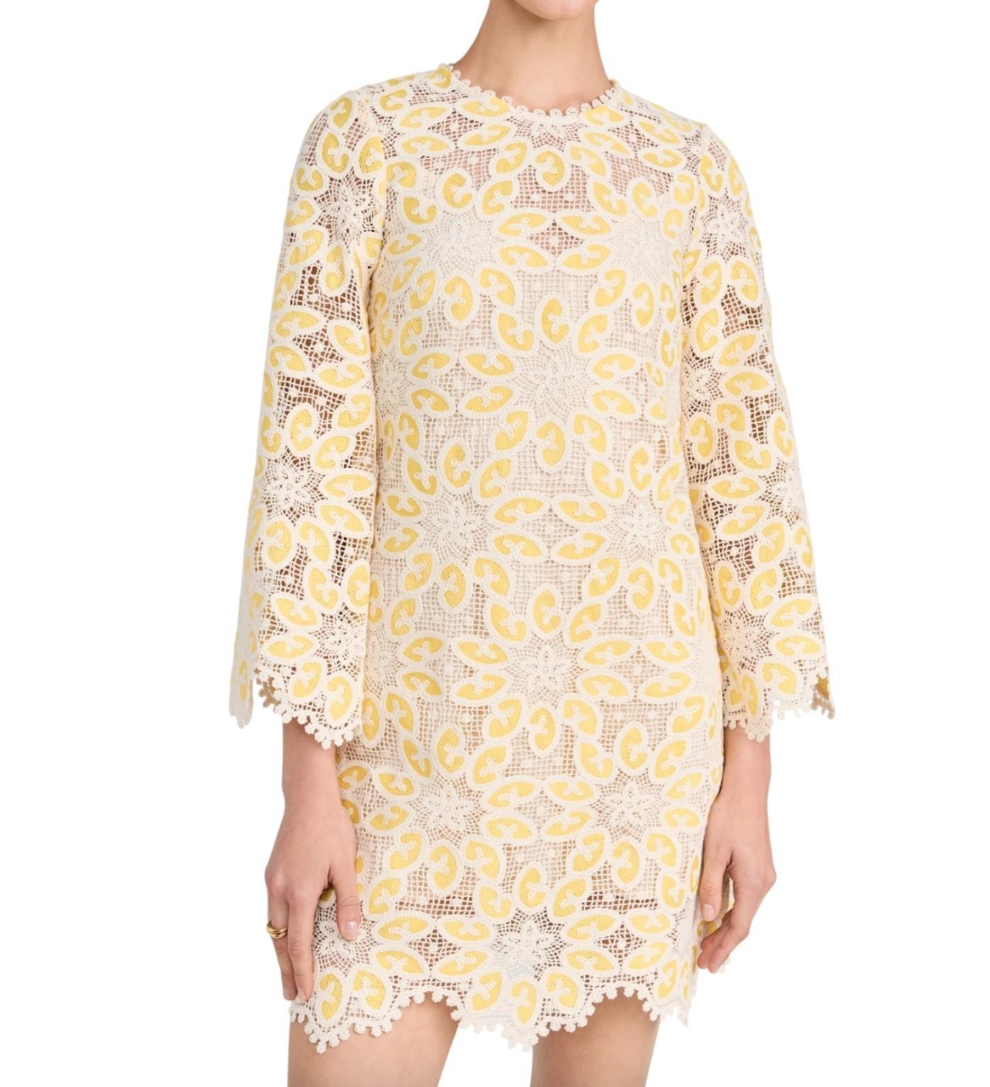 Zimmermann Golden Lace Mini Dress |Yellow/White/Cream,  Long Flare Sleeve, Slip