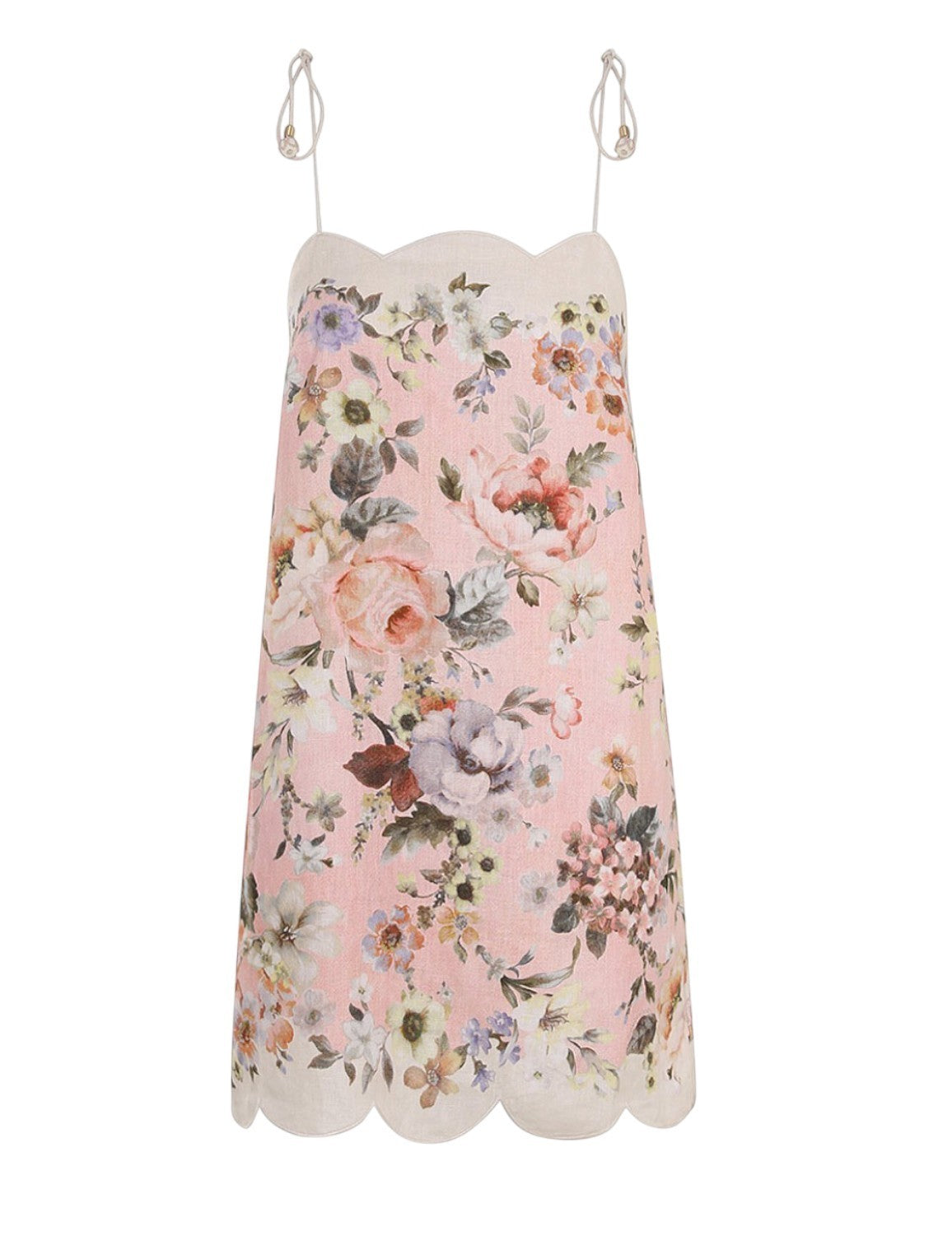 Zimmermann Acacia Scallop Mini Dress | Pink Floral, Spaghetti Tie Shoulders