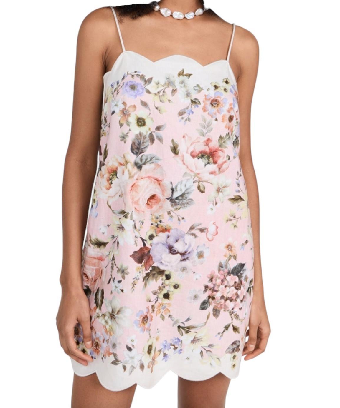Zimmermann Acacia Scallop Mini Dress | Pink Floral, Spaghetti Tie Shoulders