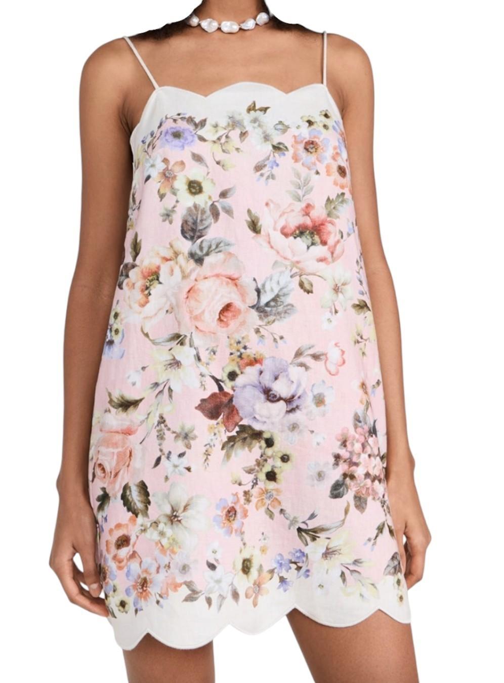 Zimmermann Acacia Scallop Mini Dress | Pink Floral, Spaghetti Tie Shoulders