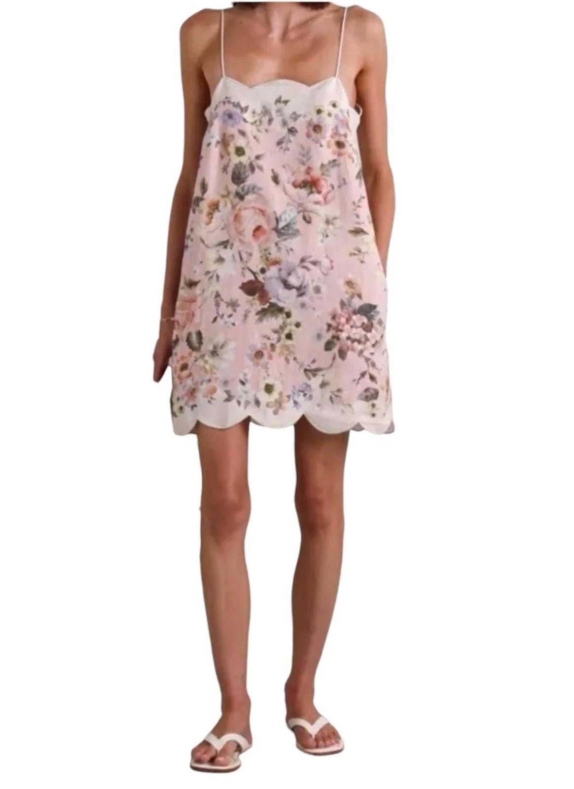Zimmermann Acacia Scallop Mini Dress | Pink Floral, Spaghetti Tie Shoulders