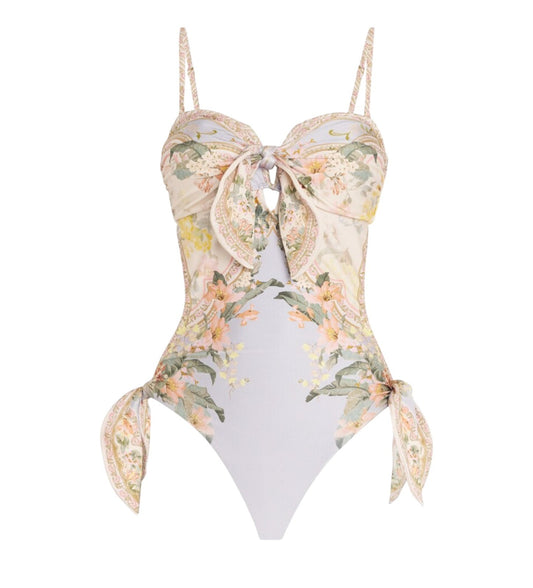 Zimmermann Wylie Scarf Tie One Piece | Blue Floral, Removable Pads/Straps