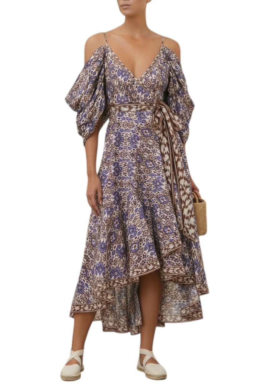 Zimmermann Wylie Wrap Midi Dress | Purple/Blue Ikat Print, Off Shoulder, Cotton