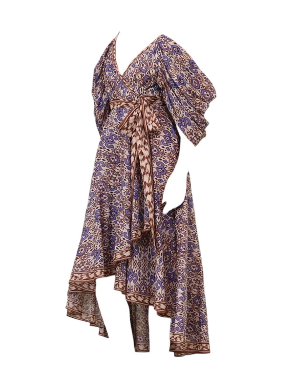 Zimmermann Wylie Wrap Midi Dress | Purple/Blue Ikat Print, Off Shoulder, Cotton