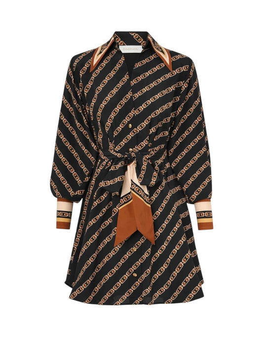 Zimmermann Tuck Mini Shirt Dress | Black Chain Print, Silk Blend, Belt Optional