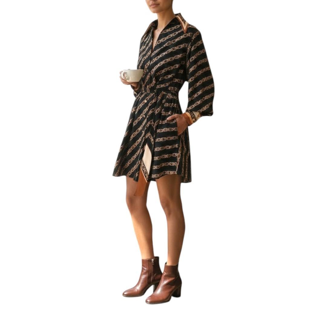 Zimmermann Tuck Mini Shirt Dress | Black Chain Print, Silk Blend, Belt Optional