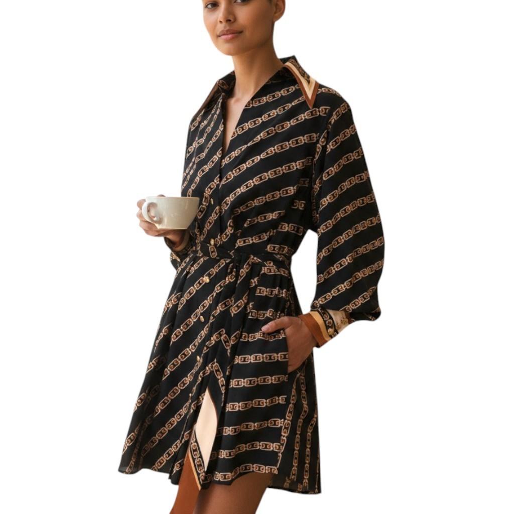 Zimmermann Tuck Mini Shirt Dress | Black Chain Print, Silk Blend, Belt Optional