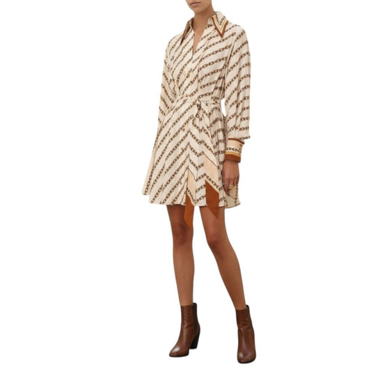 Zimmermann Tuck Mini Shirt Dress | Cream Chain Print, Silk Blend, Belt Optional