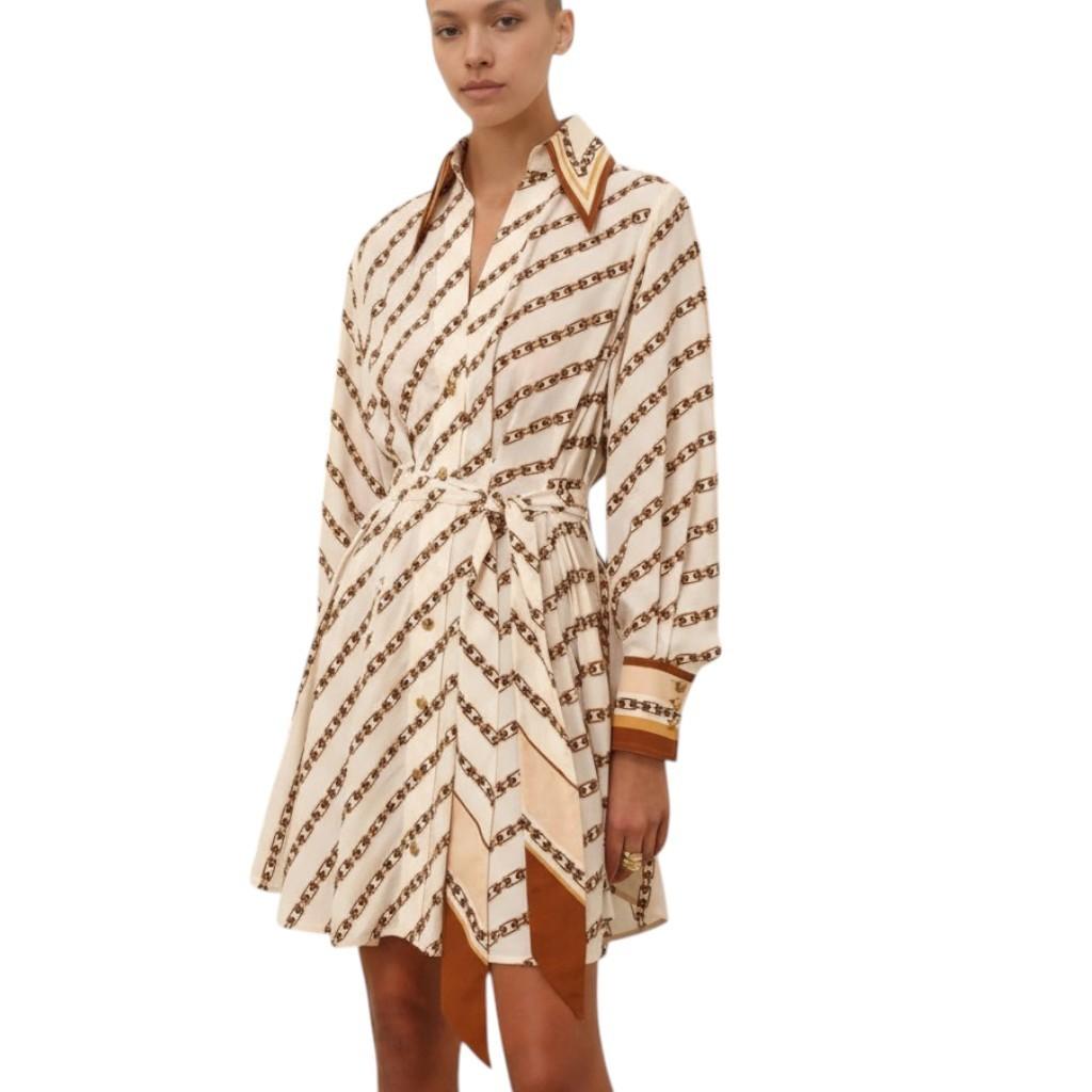 Zimmermann Tuck Mini Shirt Dress | Cream Chain Print, Silk Blend, Belt Optional