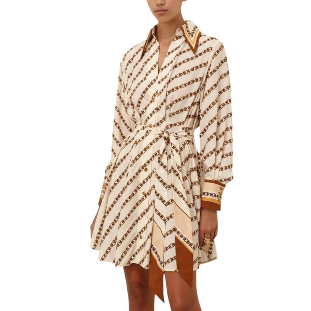 Zimmermann Tuck Mini Shirt Dress | Cream Chain Print, Silk Blend, Belt Optional