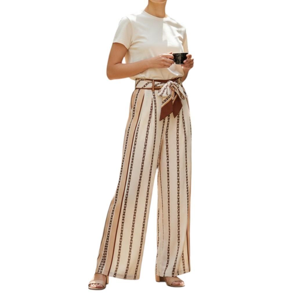 Zimmermann Wide Leg Pant | Cream Chain Print, silk, Scarf Belt, High Waisted,