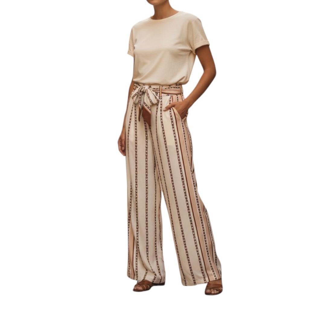 Zimmermann Wide Leg Pant | Cream Chain Print, silk, Scarf Belt, High Waisted,