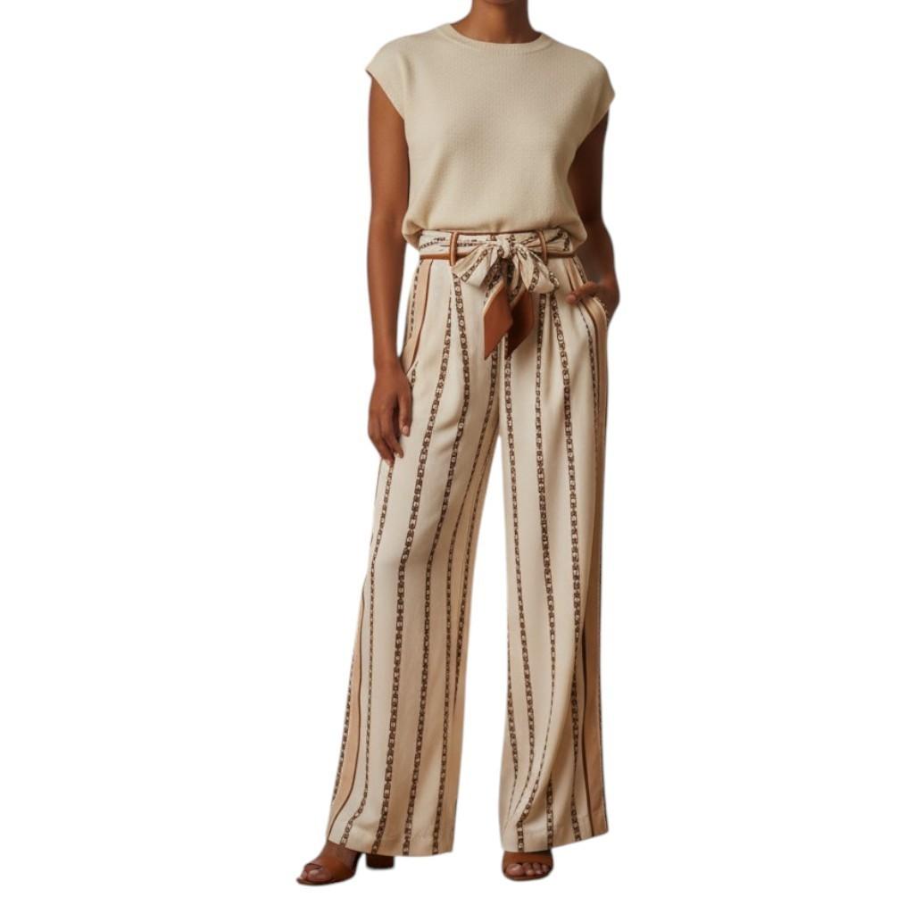 Zimmermann Wide Leg Pant | Cream Chain Print, silk, Scarf Belt, High Waisted,