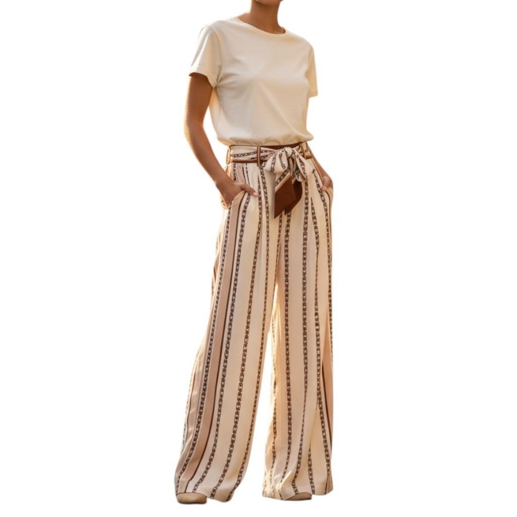 Zimmermann Wide Leg Pant | Cream Chain Print, silk, Scarf Belt, High Waisted,