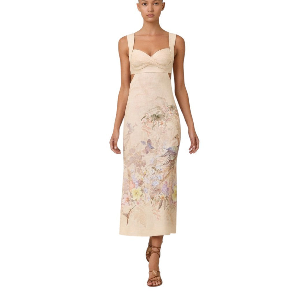 Zimmermann Illuminate Midi Dress |Cream Floral, Linen, Open Back Tie, Sweetheart