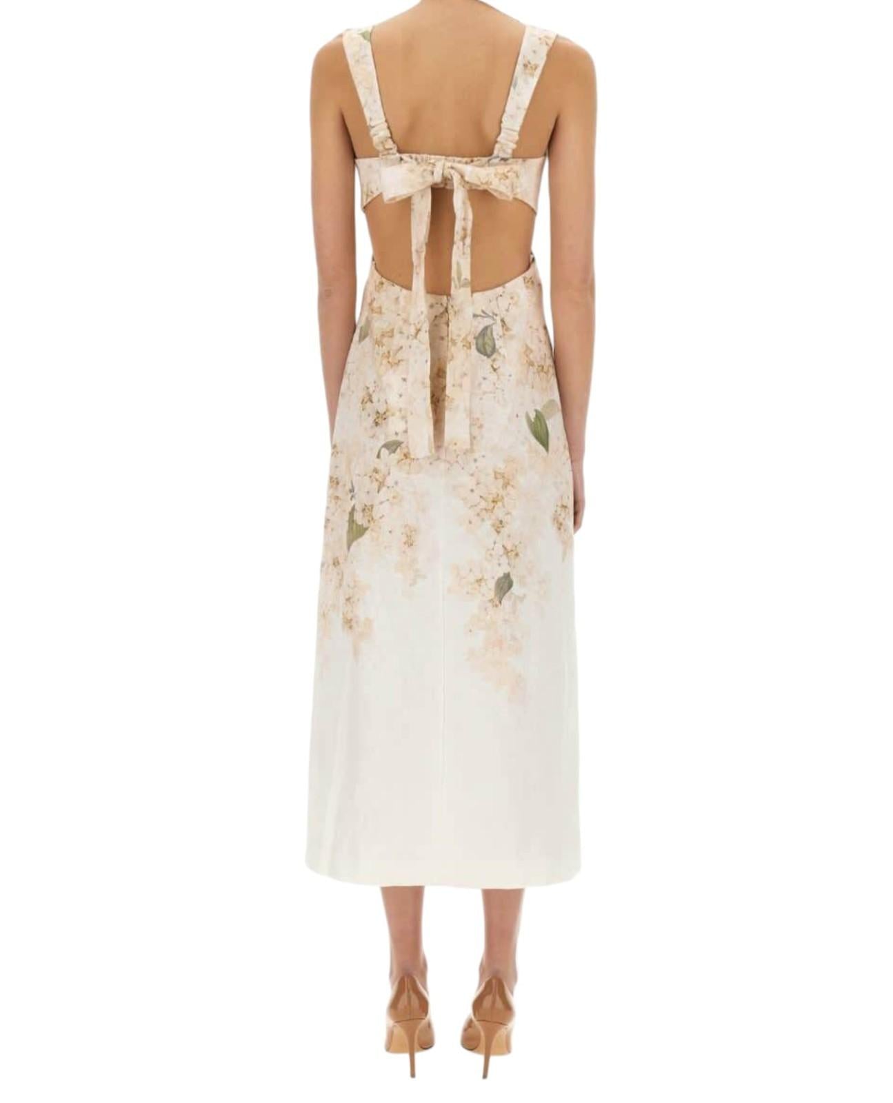 Zimmermann Illuminate Midi Dress |Cream Floral, Linen, Open Back Tie, Sweetheart