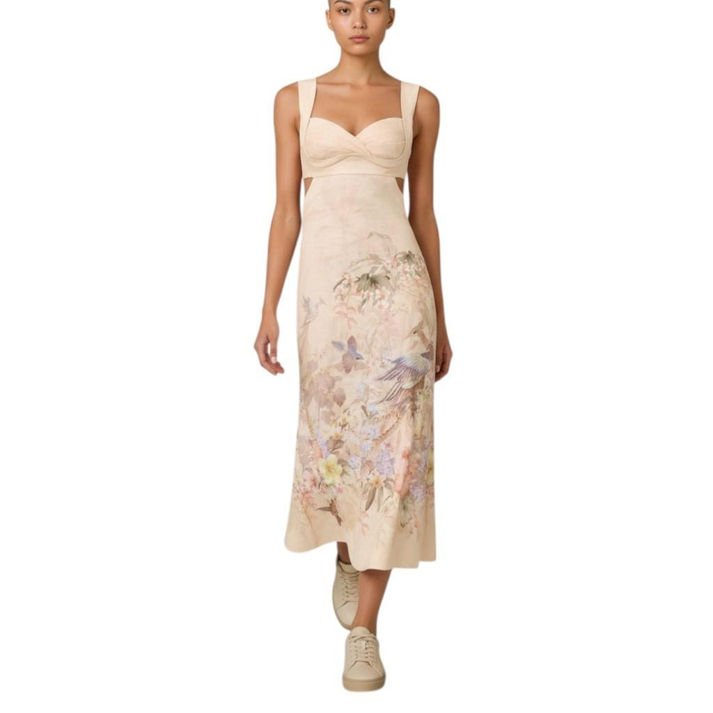 Zimmermann Illuminate Midi Dress |Cream Floral, Linen, Open Back Tie, Sweetheart