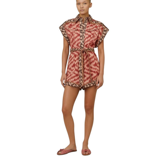 Zimmermann Wylie Pocket Playsuit | Red Ikat Print Jumpsuit, Linen, Shorts
