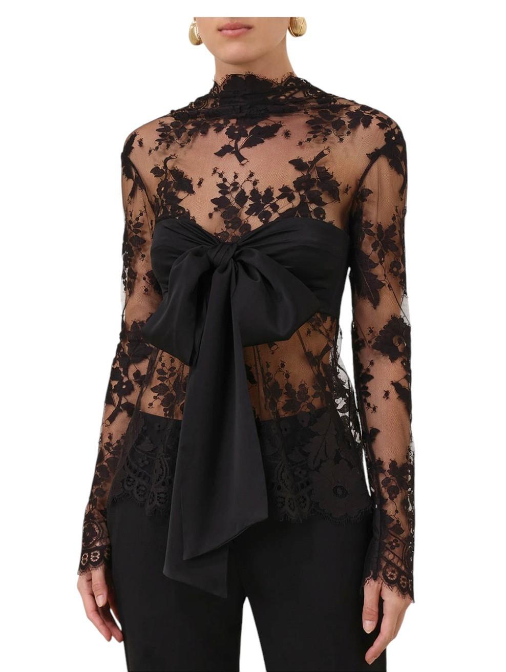 Zimmermann Illustration Bow Bodice | Black, Lace, Long Sleeve, Sheer, Silk