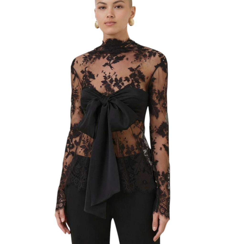 Zimmermann Illustration Bow Bodice | Black, Lace, Long Sleeve, Sheer, Silk