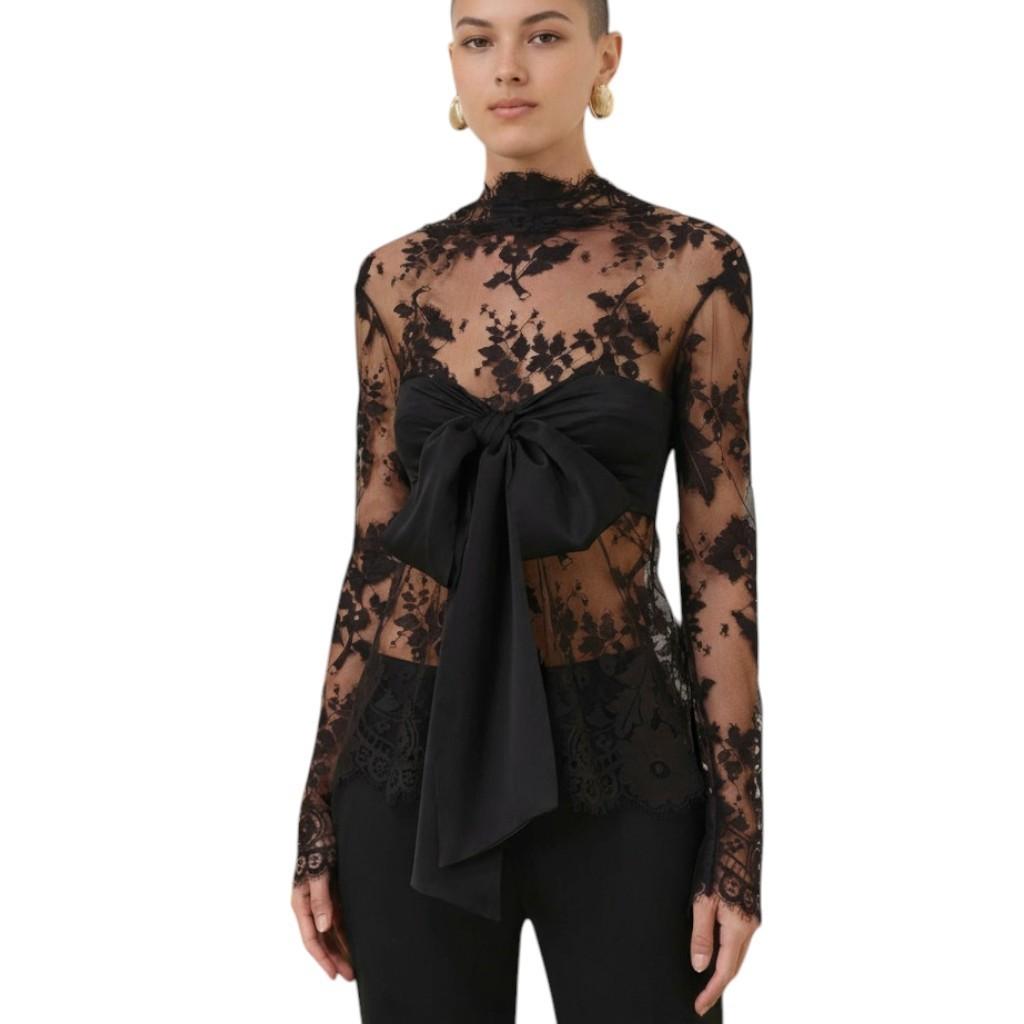 Zimmermann Illustration Bow Bodice | Black, Lace, Long Sleeve, Sheer, Silk