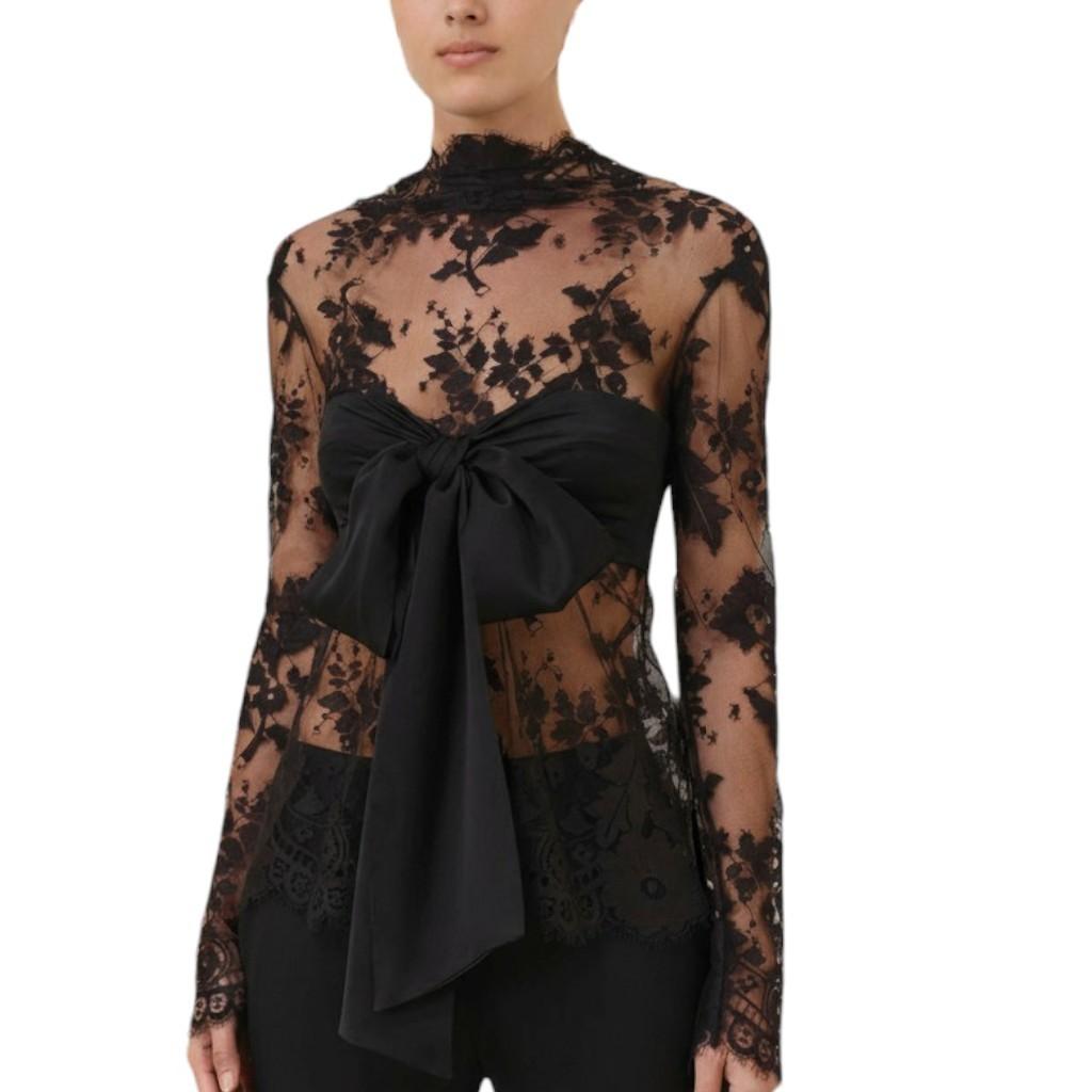 Zimmermann Illustration Bow Bodice | Black, Lace, Long Sleeve, Sheer, Silk