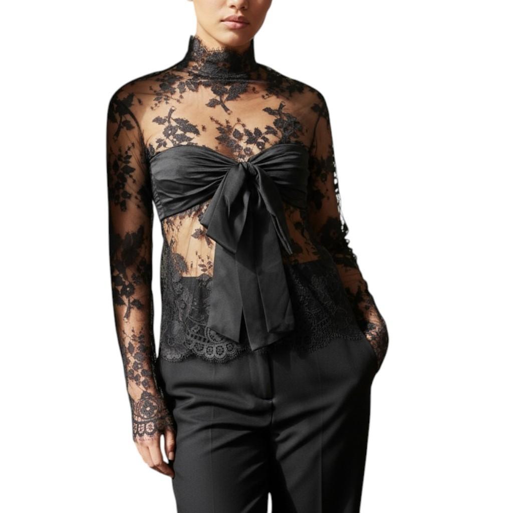 Zimmermann Illustration Bow Bodice | Black, Lace, Long Sleeve, Sheer, Silk