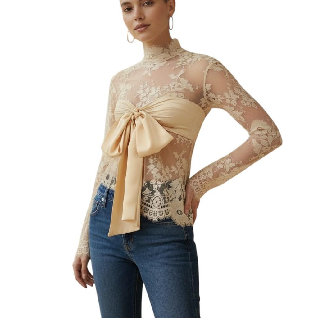 Zimmermann Illustration Bow Bodice |Tea/Beige, Lace, Long Sleeve, Sheer, Silk