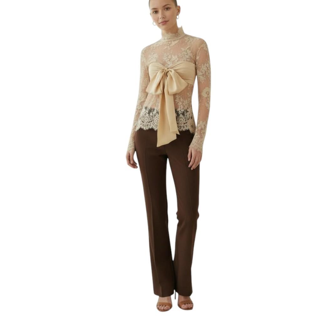 Zimmermann Illustration Bow Bodice |Tea/Beige, Lace, Long Sleeve, Sheer, Silk