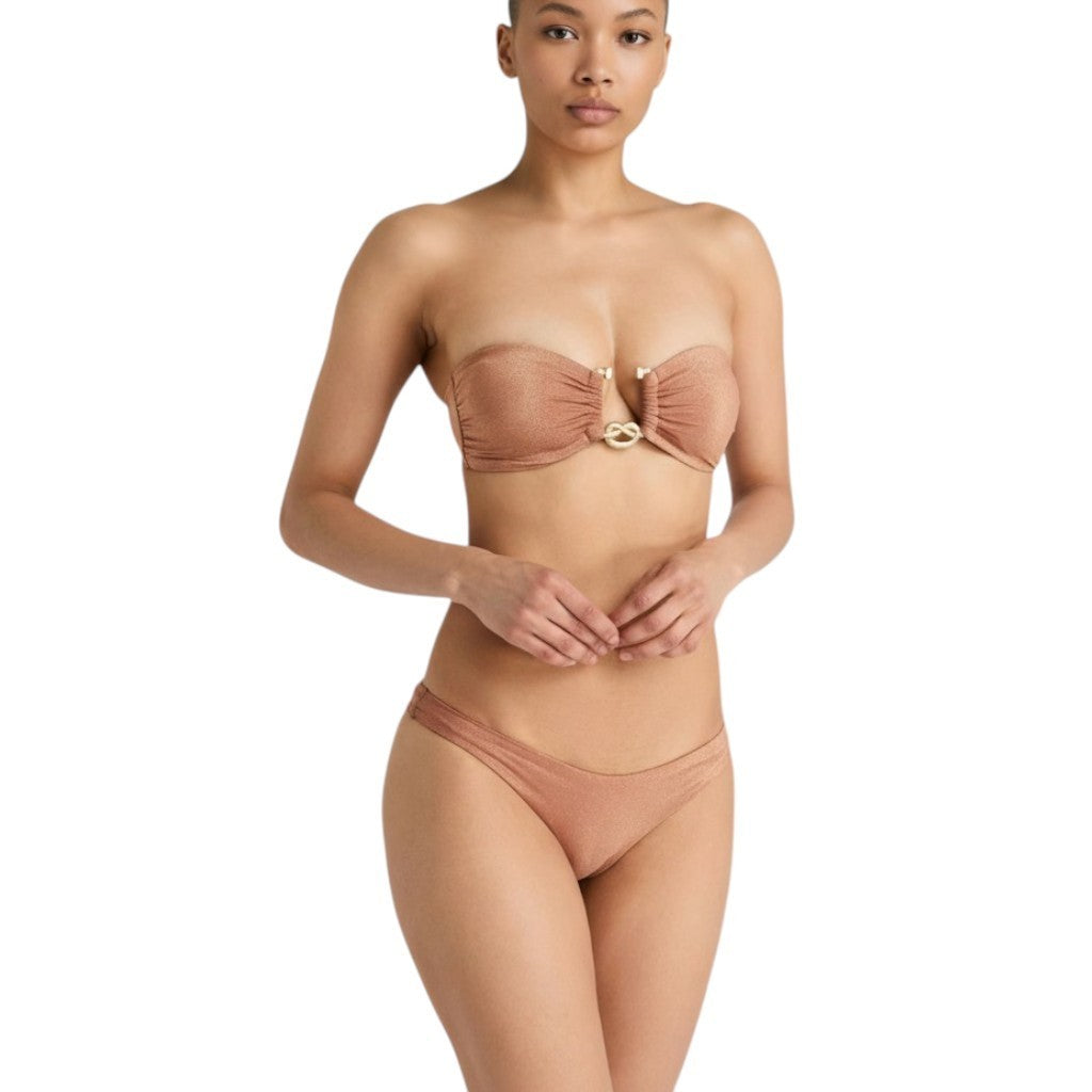 Zimmermann Ottie Lurex Knot Trim Bikini |Apricot/Gold, Low Rise, Bandeau, Cheeky