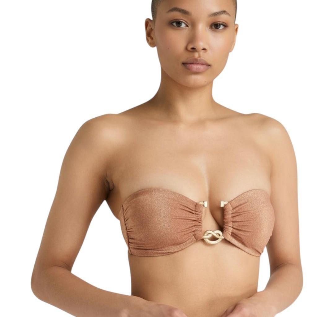 Zimmermann Ottie Lurex Knot Trim Bikini |Apricot/Gold, Low Rise, Bandeau, Cheeky