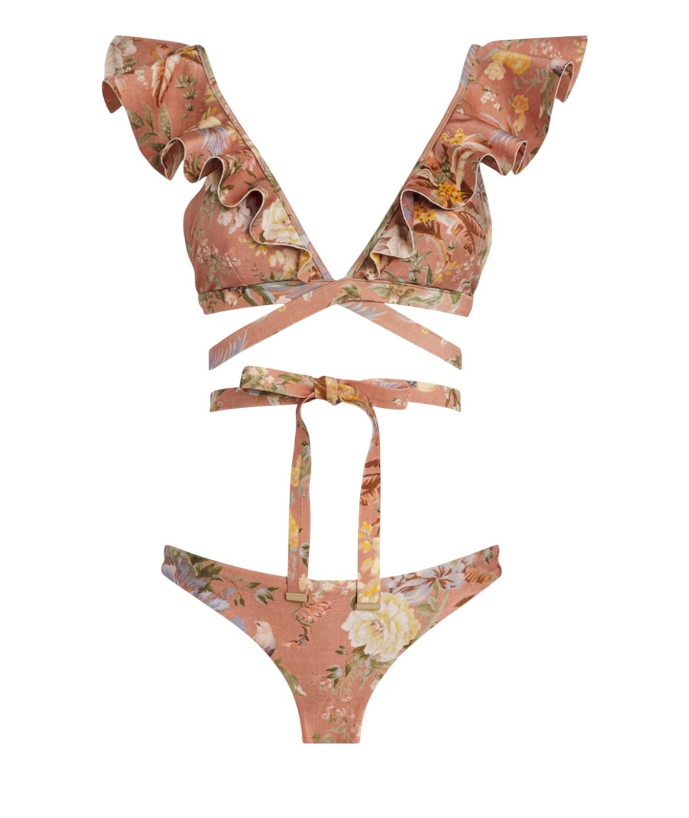 Zimmermann Tallow Wrap Ruffle Bikini | Spliced Floral, Low Rise Bottoms, Frills