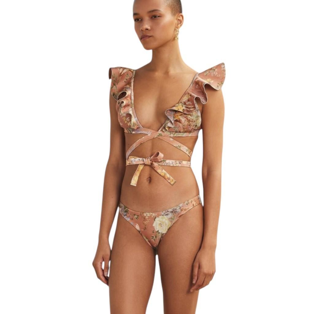 Zimmermann Tallow Wrap Ruffle Bikini | Spliced Floral, Low Rise Bottoms, Frills