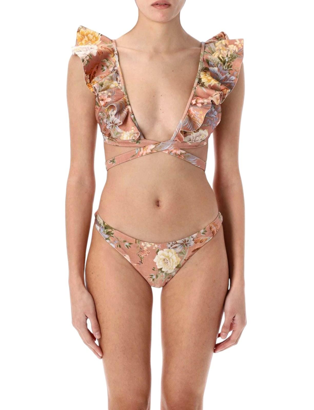 Zimmermann Tallow Wrap Ruffle Bikini | Spliced Floral, Low Rise Bottoms, Frills