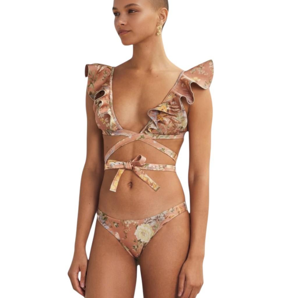 Zimmermann Tallow Wrap Ruffle Bikini | Spliced Floral, Low Rise Bottoms, Frills